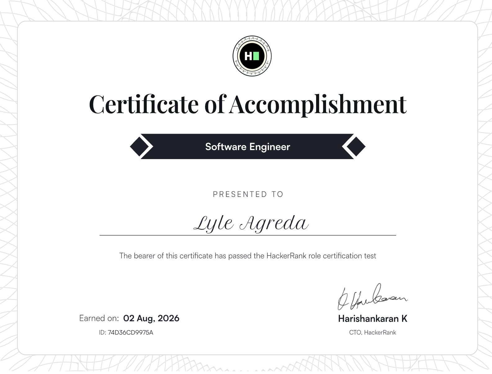 HackerRank Certificate of Accomplishment for Software Engineer, earned by Lyle Agreda