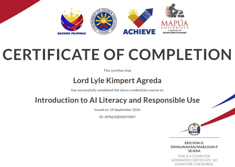 Mapúa University Certificate of Completion for Introduction to AI Literacy and Responsible Use, earned by Lyle Agreda