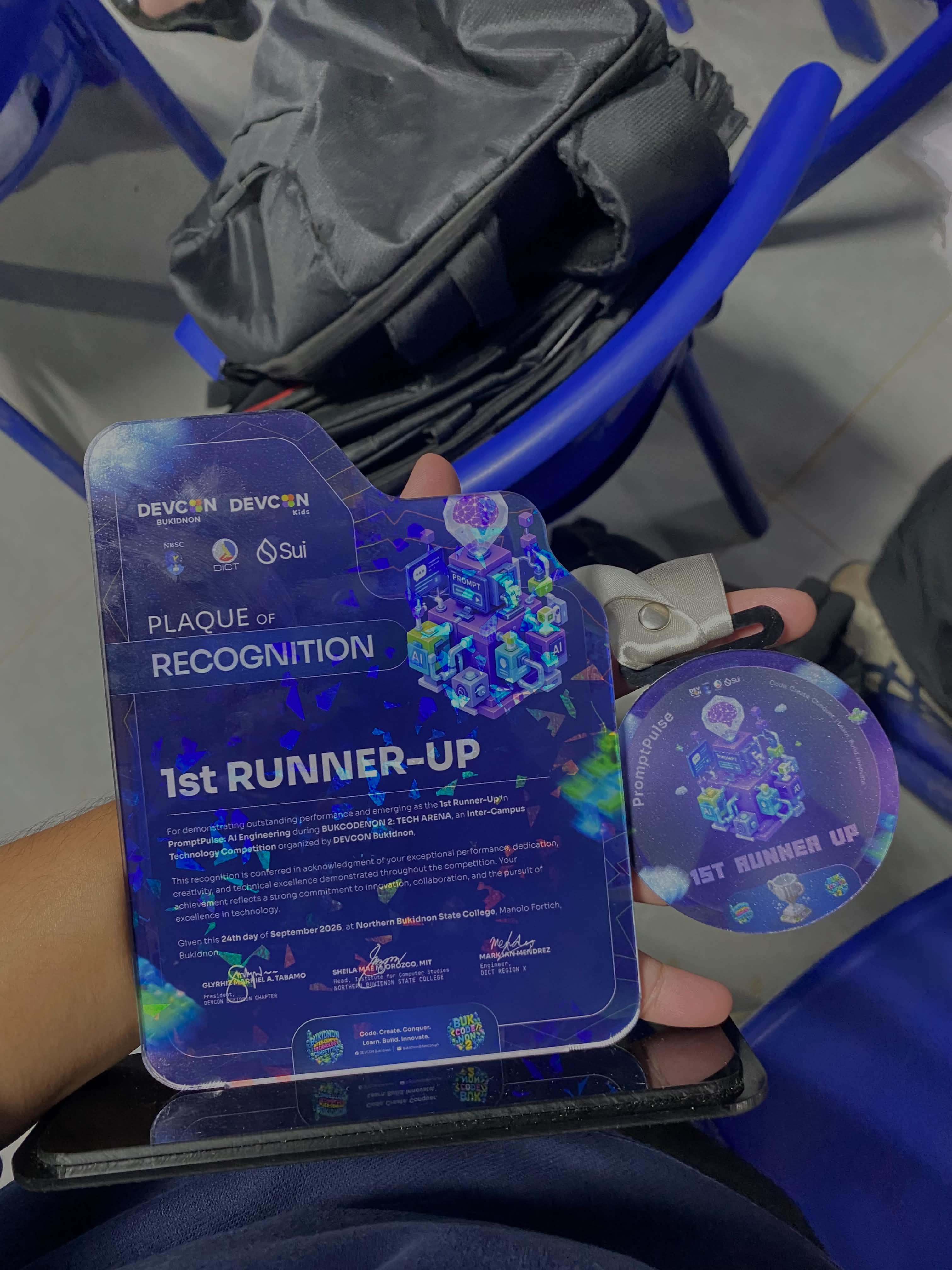 PromptPulse First Runner-Up plaque and medal from DevCon Bukidnon BICTC